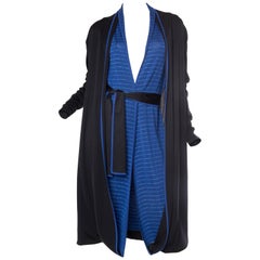 Retro 1970S ISSEY MIYAKE Black & Blue Knit Jersey Cardigan Belted Dress