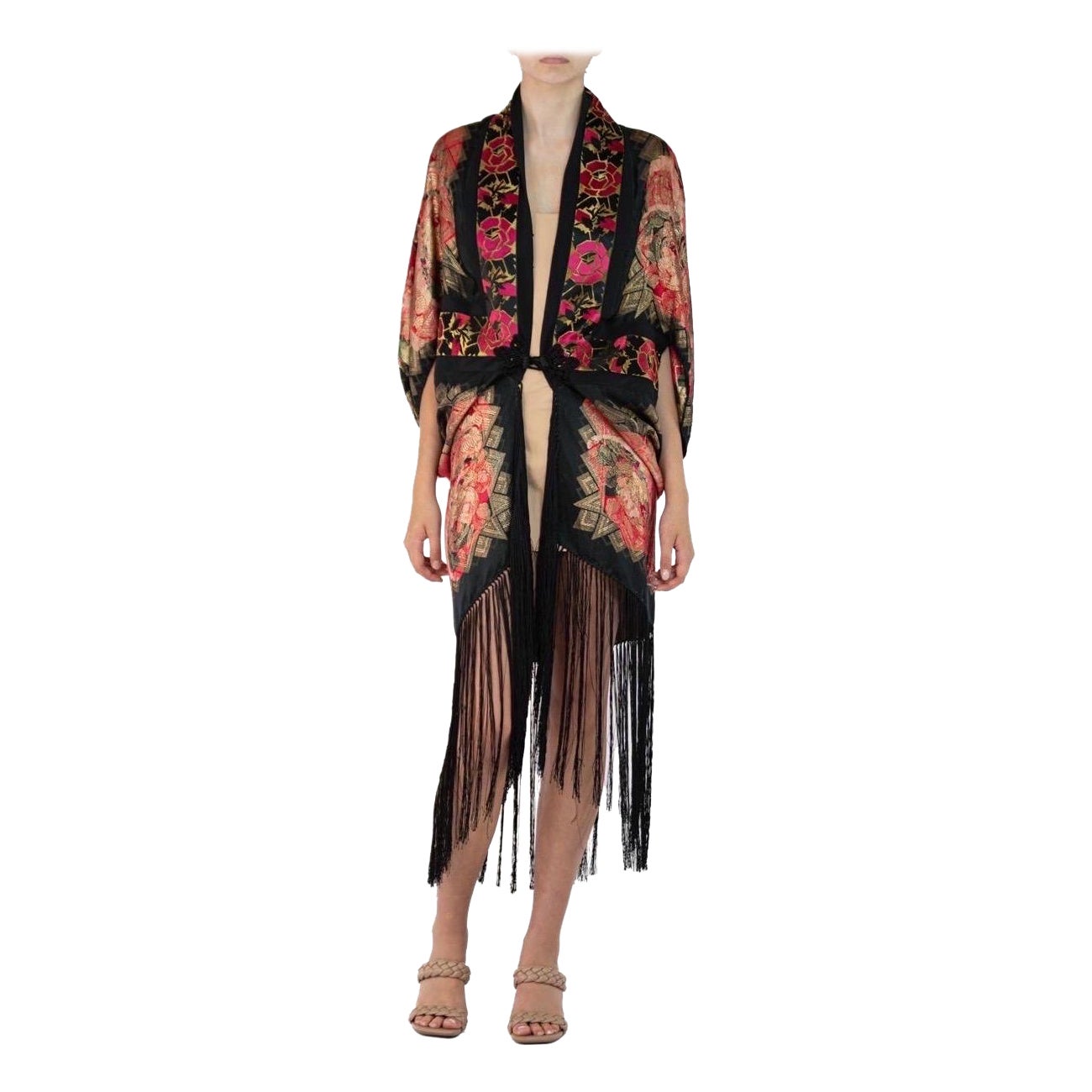 The Collective Black, Red & Gold Silk Lamé Art Deco Floral Cocoon With Frin en vente