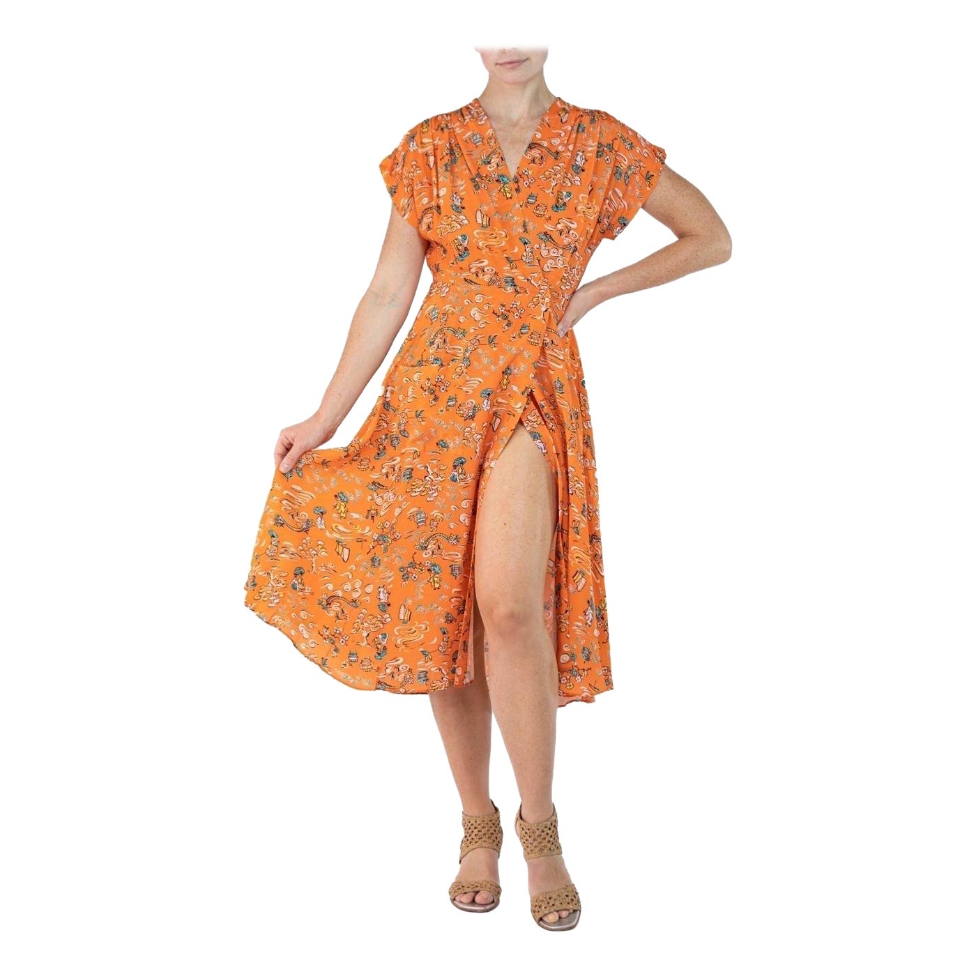 Morphew Collection Orange Cherry Blossom Novelty Print Cold Rayon Bias Dress Ma For Sale