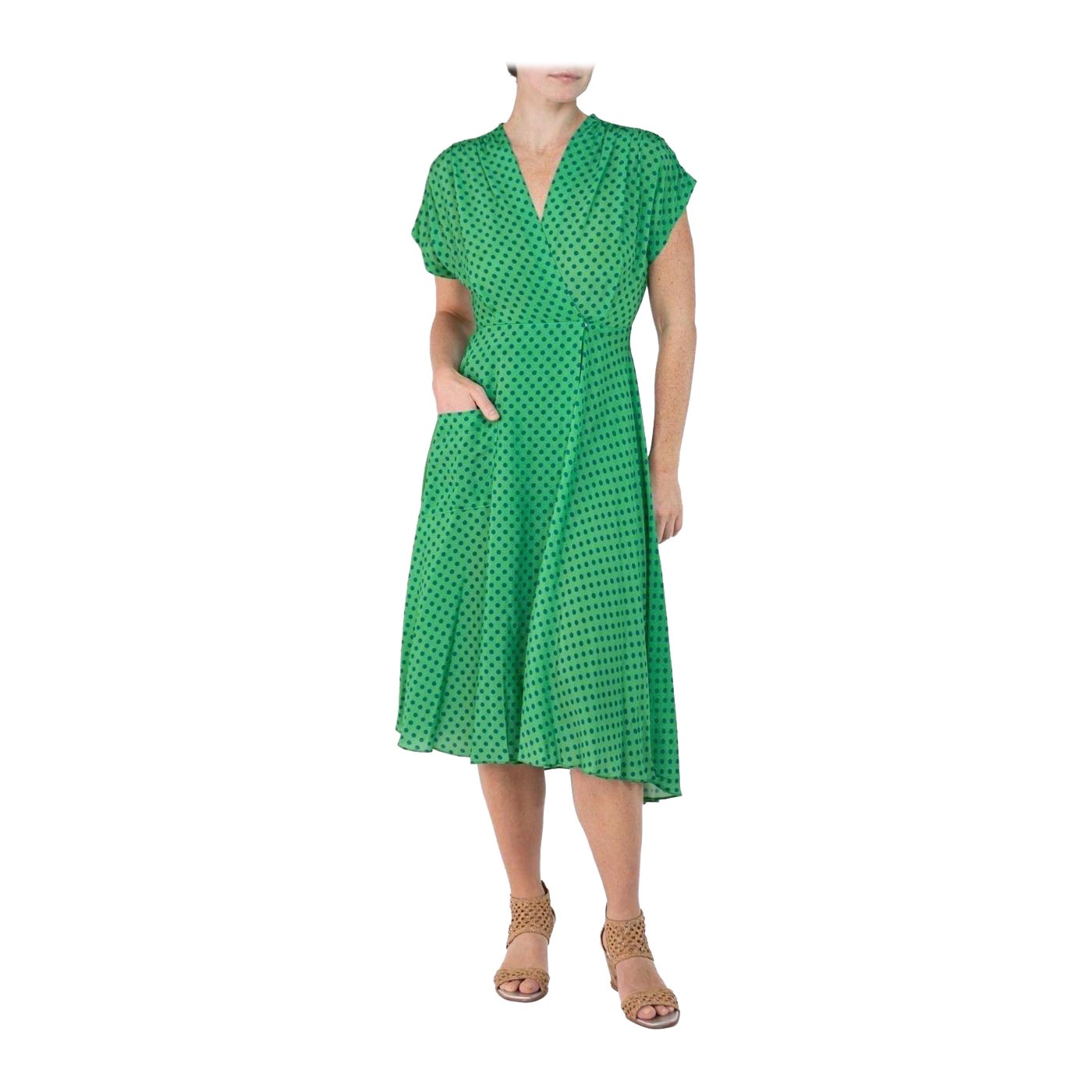 Morphew Collection Green & Blue Polka Dot Novelty Print Cold Rayon Bias Dress M For Sale