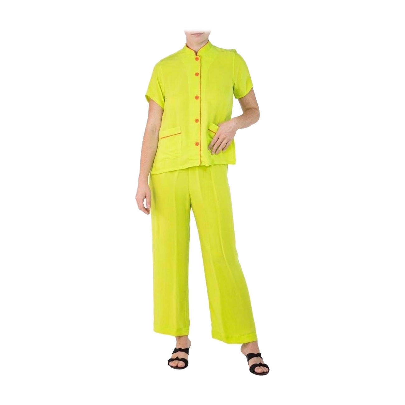 Morphew Collection Neon Green & Orange Trim Cold Rayon Bias Pajamas Master Medi For Sale