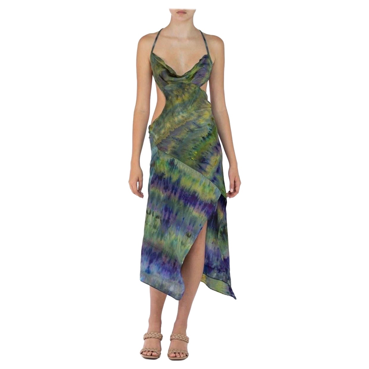 Morphew Collection Green & Purple Silk Ice Dyed Dress For Sale