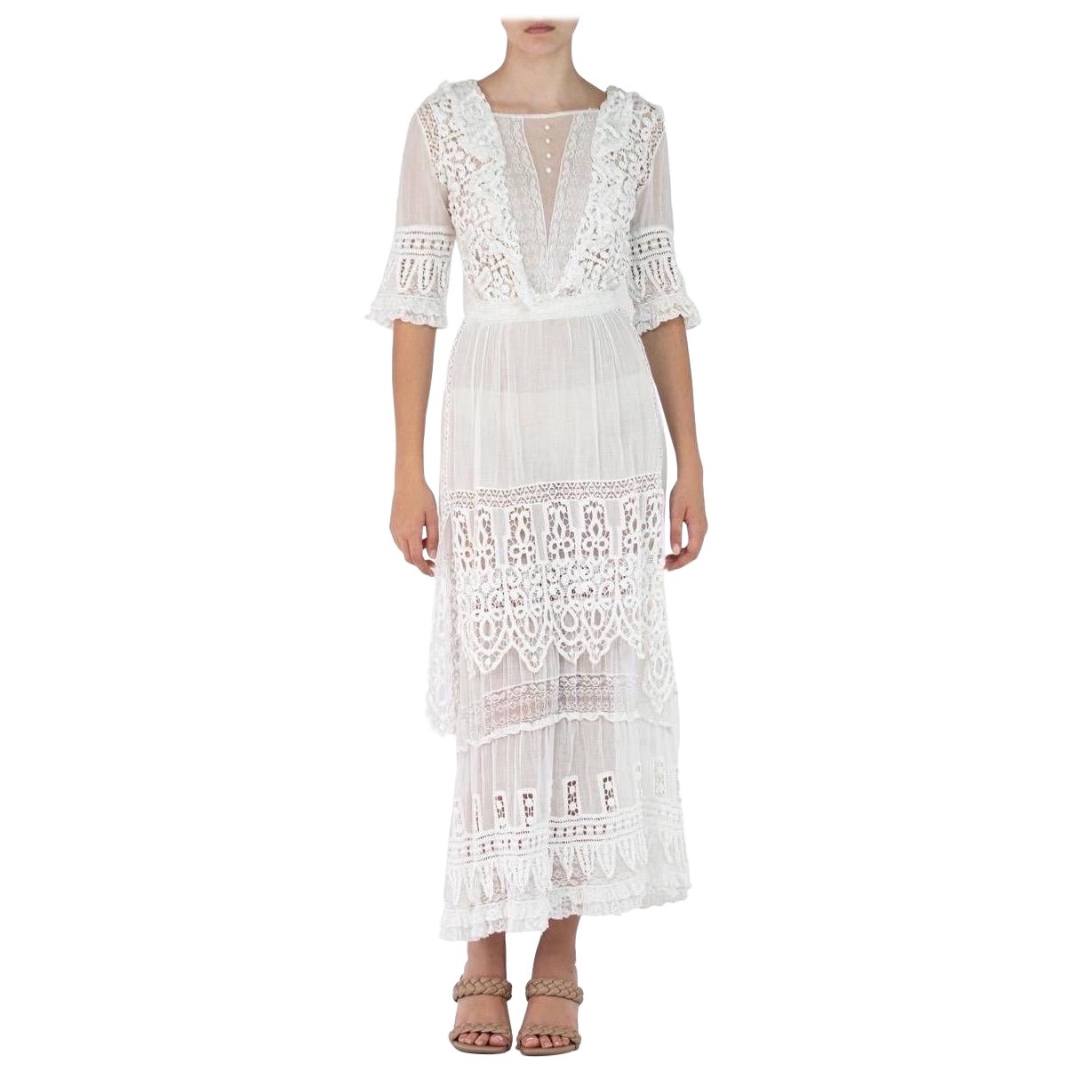 Edwardian White Organic Cotton Voile Dress With Embroidery And Lace For Sale