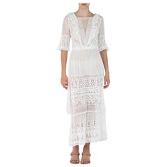Antique Edwardian White Organic Cotton Voile Dress With Embroidery And Lace