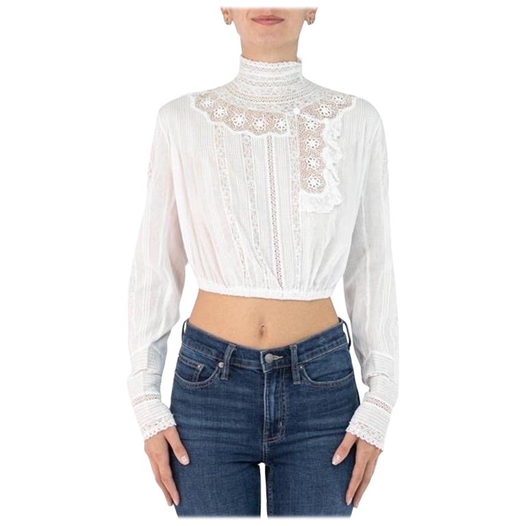 Victorian White Organic Cotton Swan Neck Crop Top Blouse For Sale
