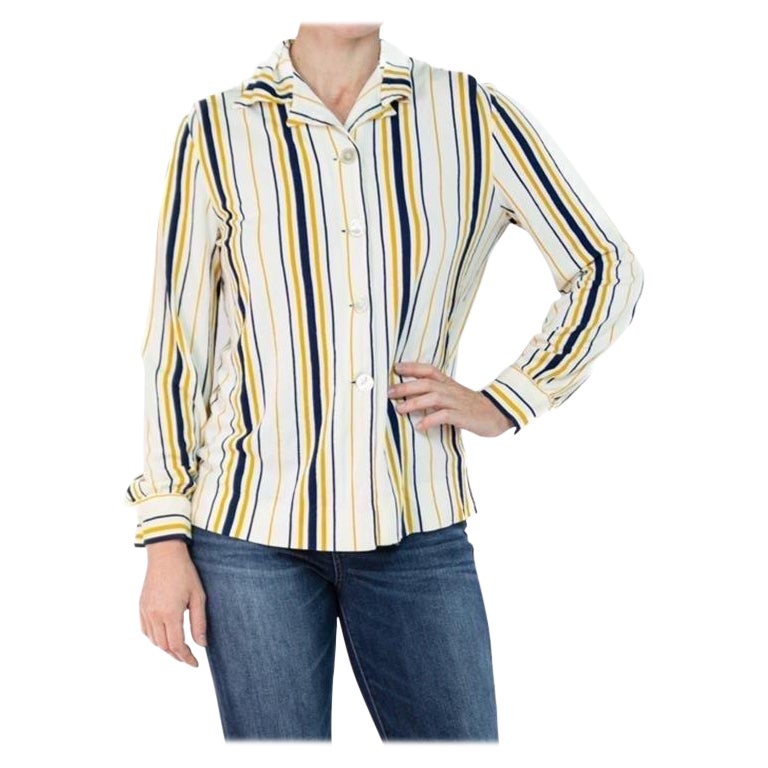 1960S Cream Nylon Acetate Terri Cloth Jersey Blue & Yellow Striped Top For Sale