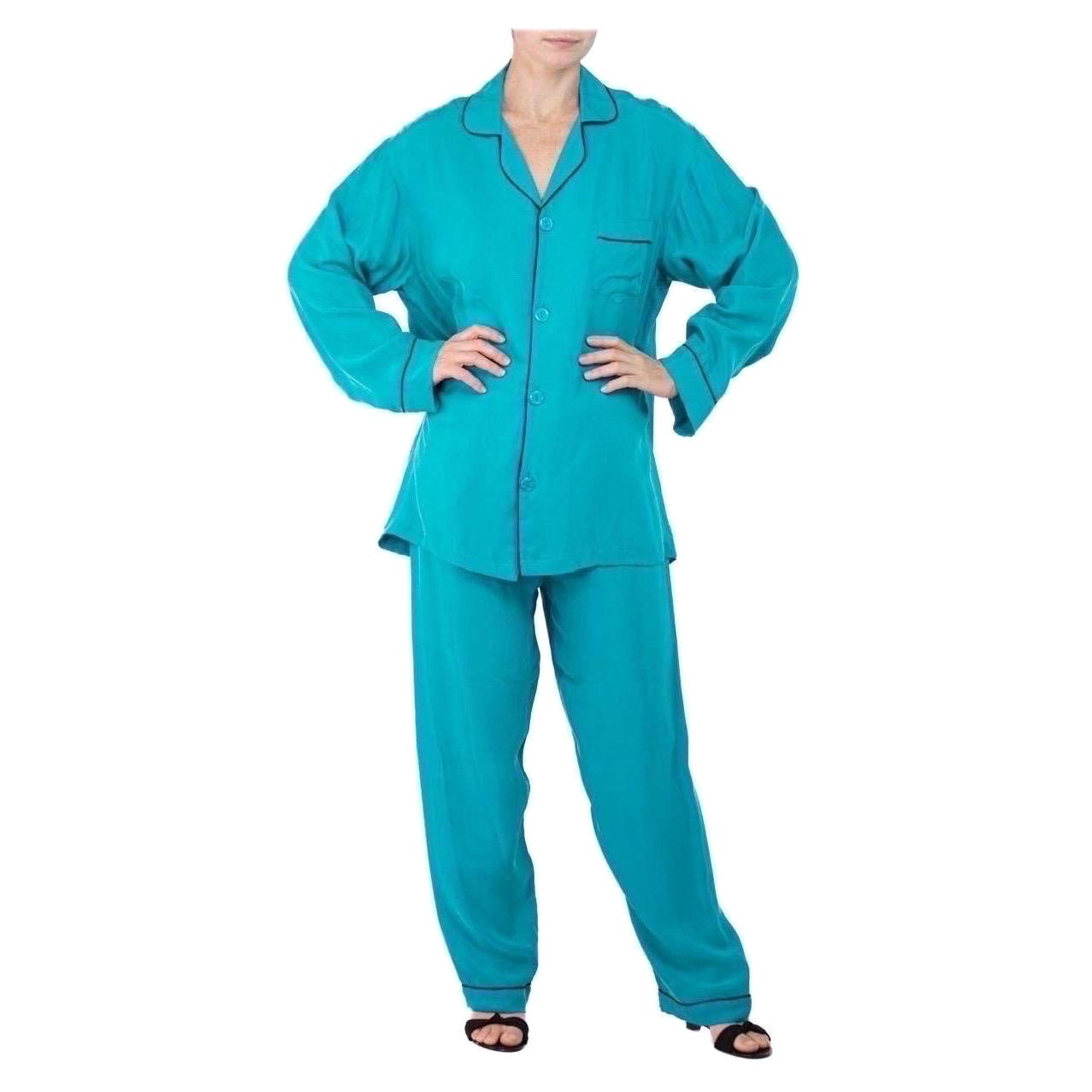 Morphew Collection Dark Teal With Indigo Trim Cold Rayon Bias Pajamas For Sale