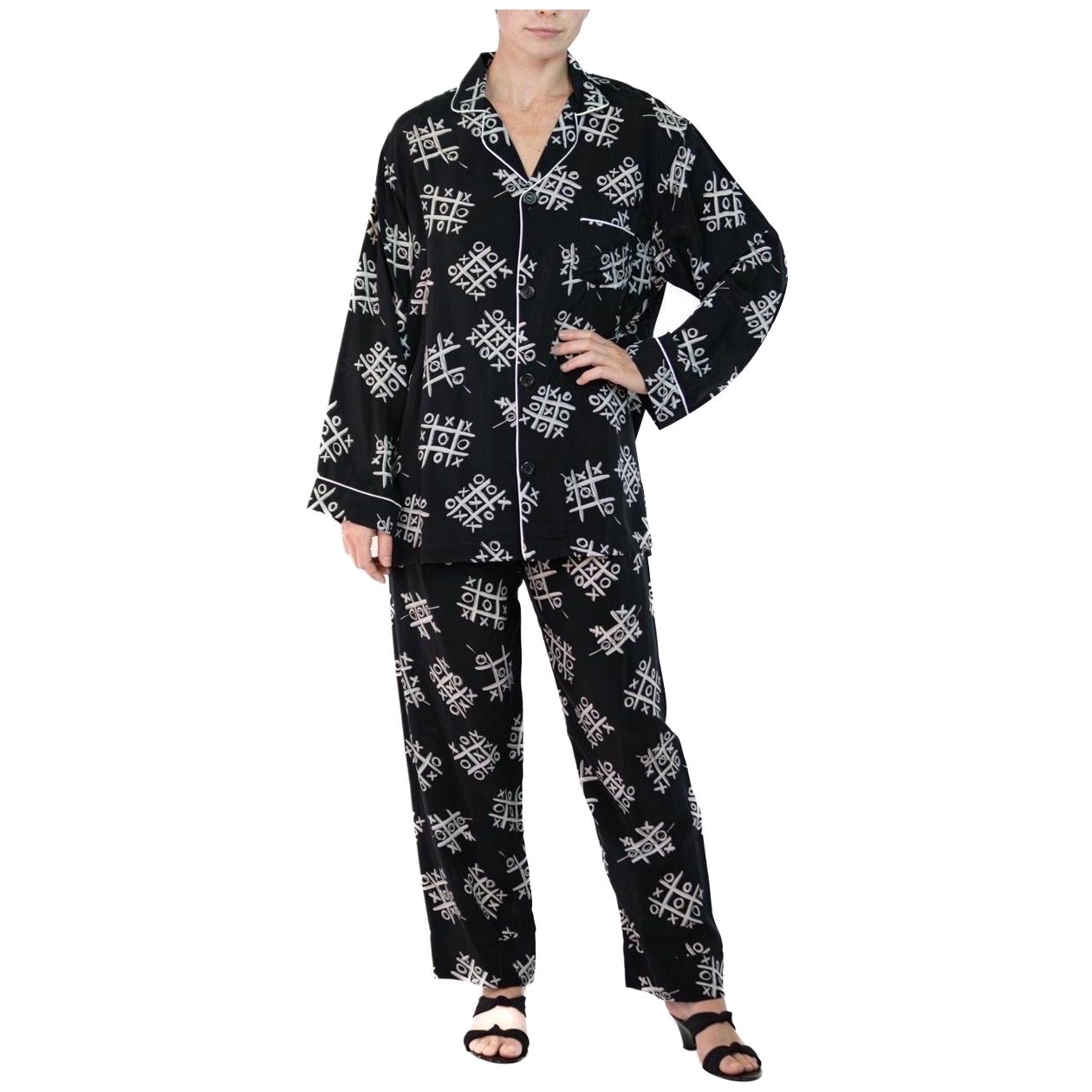 Morphew Collection Black & White Tic Tac Toe Novelty Print Cold Rayon Bias Paja For Sale