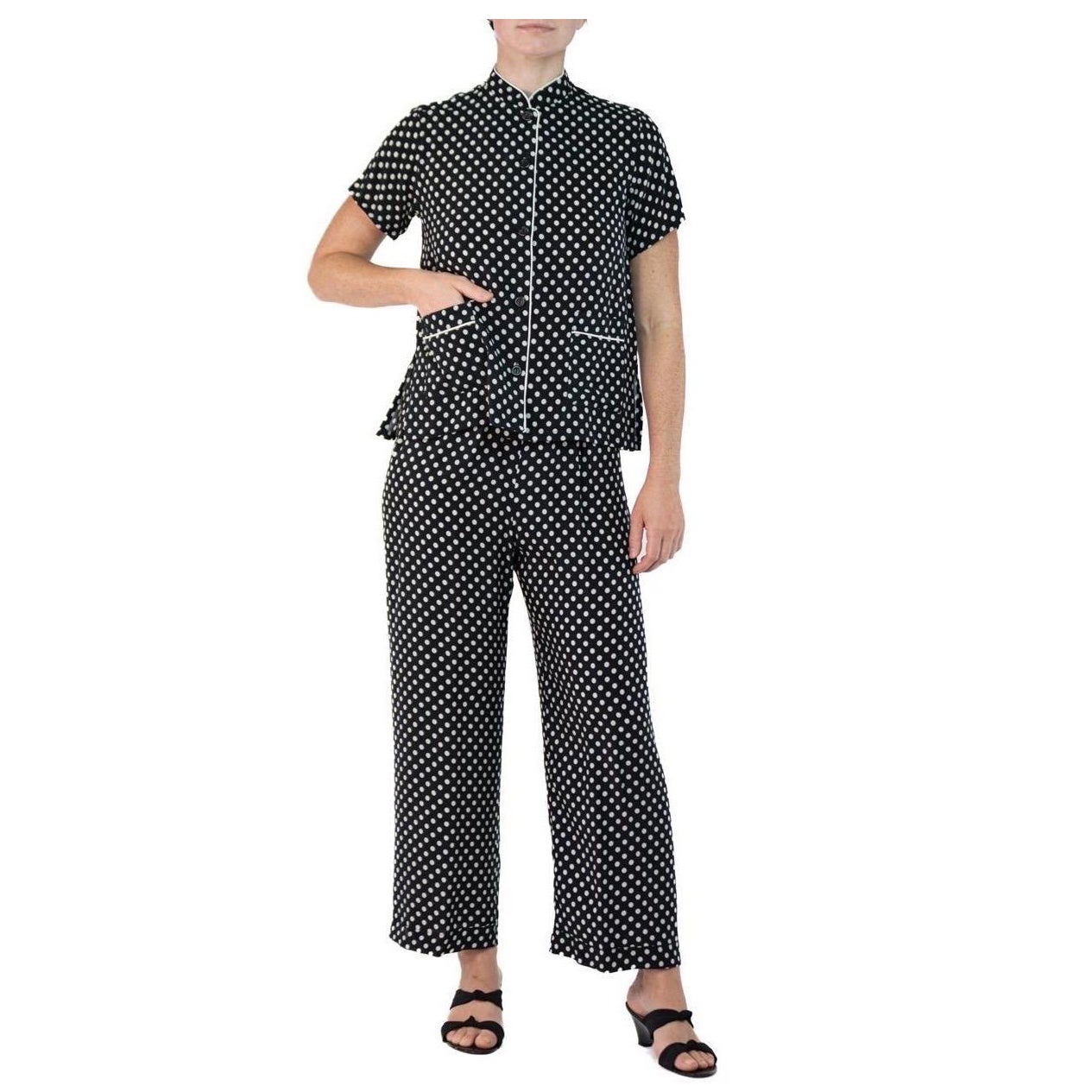 Morphew Collection Black & White Polka Dot Cold Rayon Bias Pajamas Master Medium For Sale