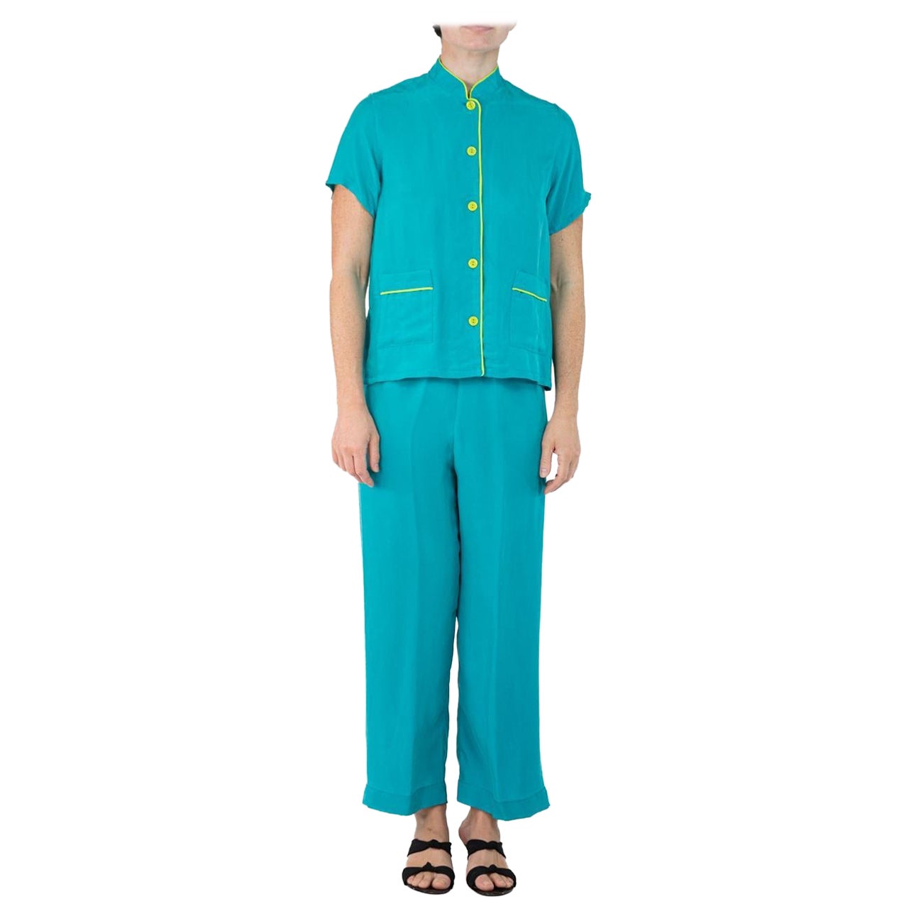 Morphew Collection Teal & Neon Yellow Trim Cold Rayon Bias Pajamas Master Medium For Sale