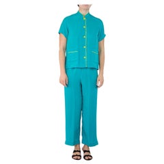 Morphew Collection Teal & Neon Yellow Trim Cold Rayon Bias Pajamas Master Medium