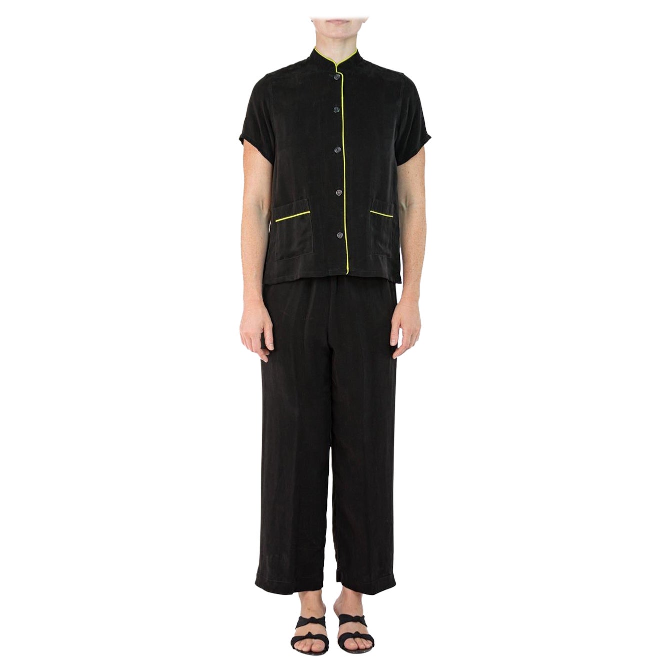 Morphew Collection Black & Neon Yellow Trim Cold Rayon Bias Pajamas Master Medi For Sale