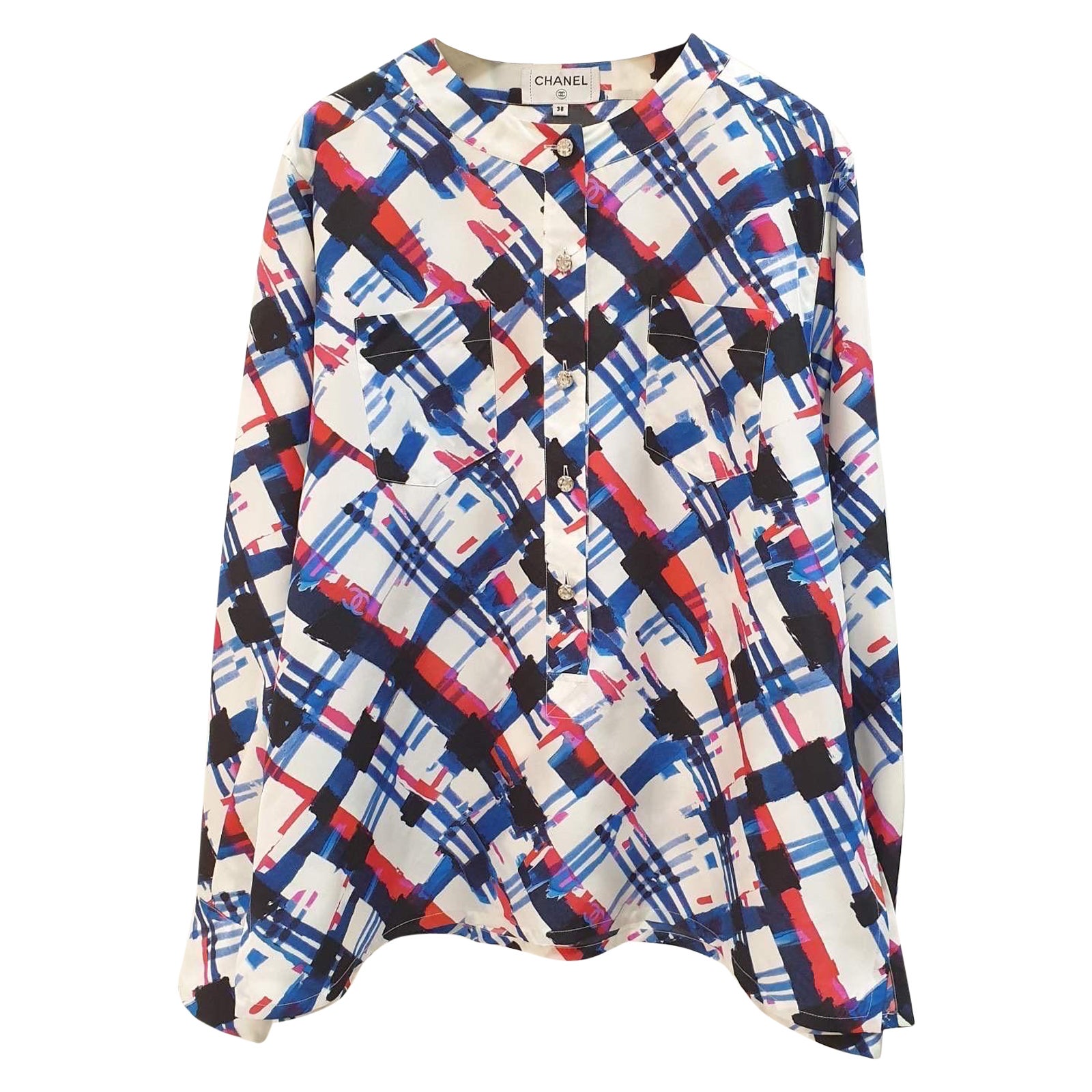Chanel Airlines Collection Blouse Plaid Print Silk  Long Sleeve Top Blouse