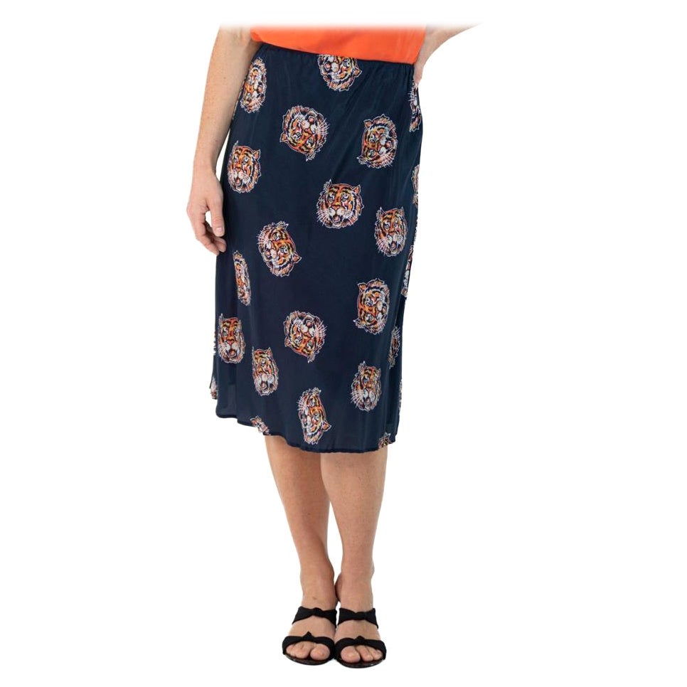 Morphew Collection Indigo Blue Tiger Head Novelty Print Cold Rayon Bias Skirt M For Sale