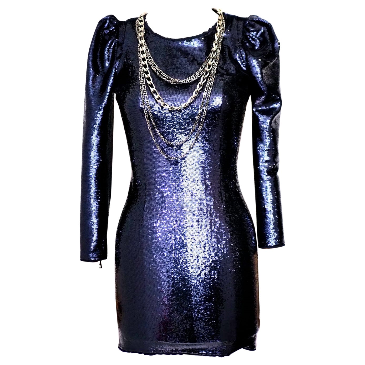 Balmain Navy sequined mini dress with silver chains For Sale