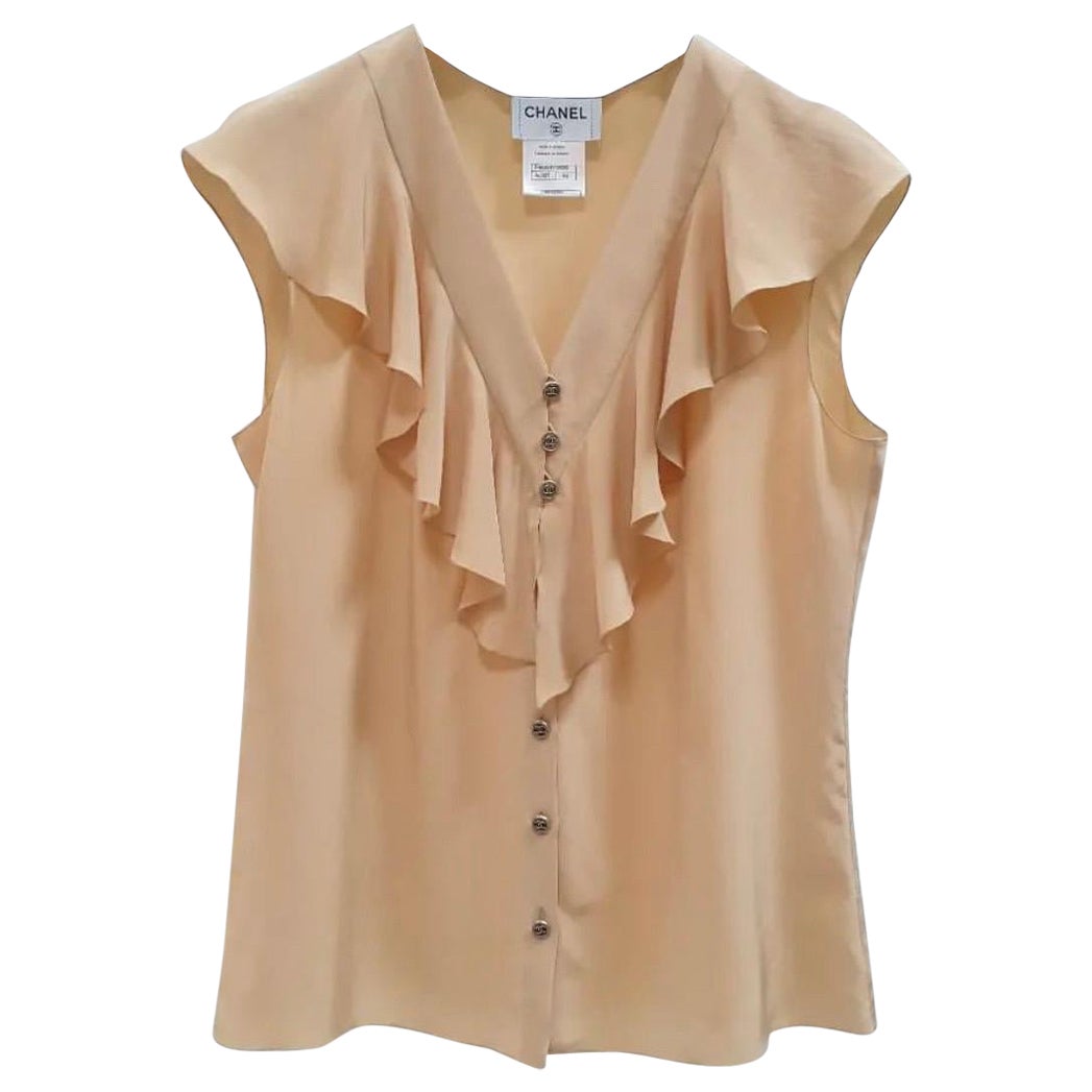 Chanel Beige Silk Ruffle CC Buttons  Blouse For Sale