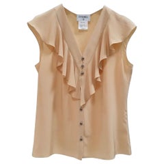 Chanel Beige Silk Ruffle CC Buttons  Blouse