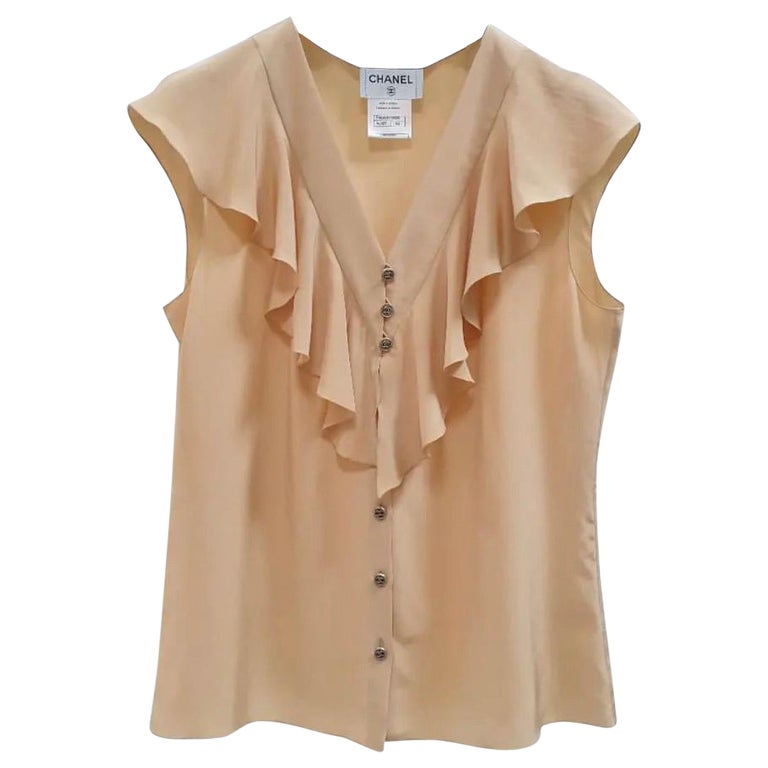 Chanel Beige Silk Ruffle CC Buttons Blouse For Sale at 1stDibs
