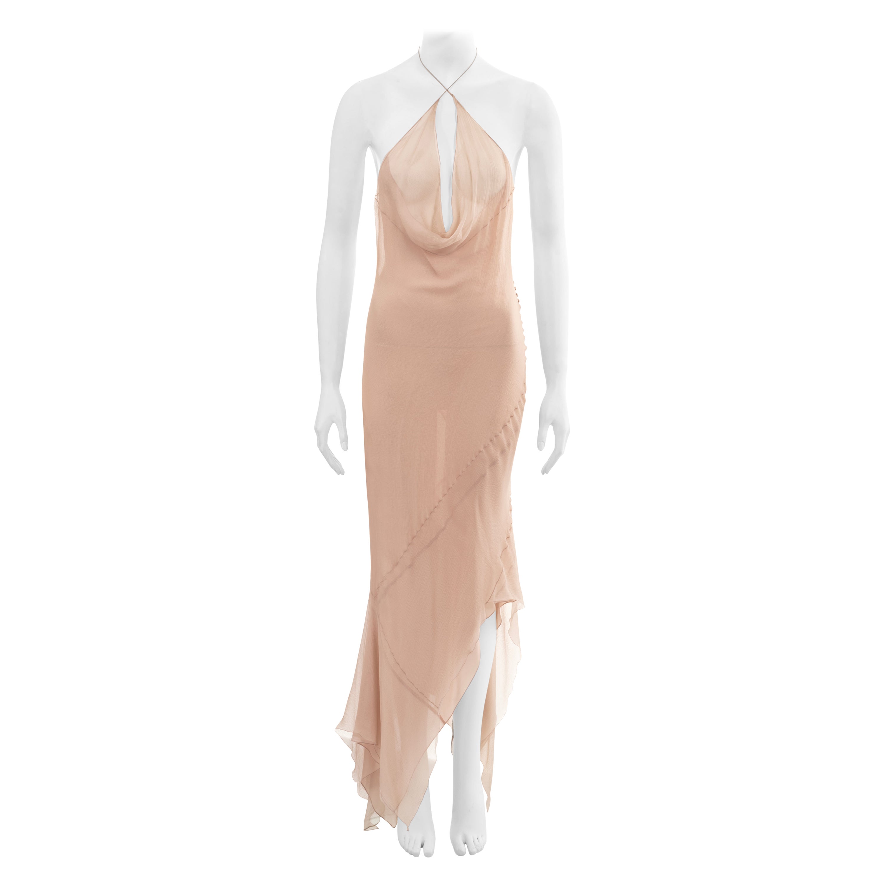 John Galliano pale pink bias-cut silk chiffon halterneck evening dress, fw 1997 For Sale