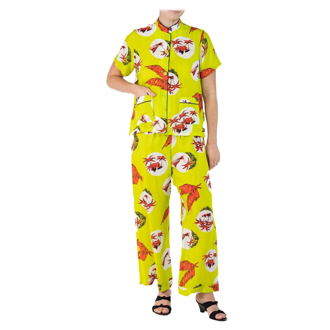 Morphew Kollektion Neon Grün & Orange Rayon Hawaiian Print Pajamas Master Groß im Angebot
