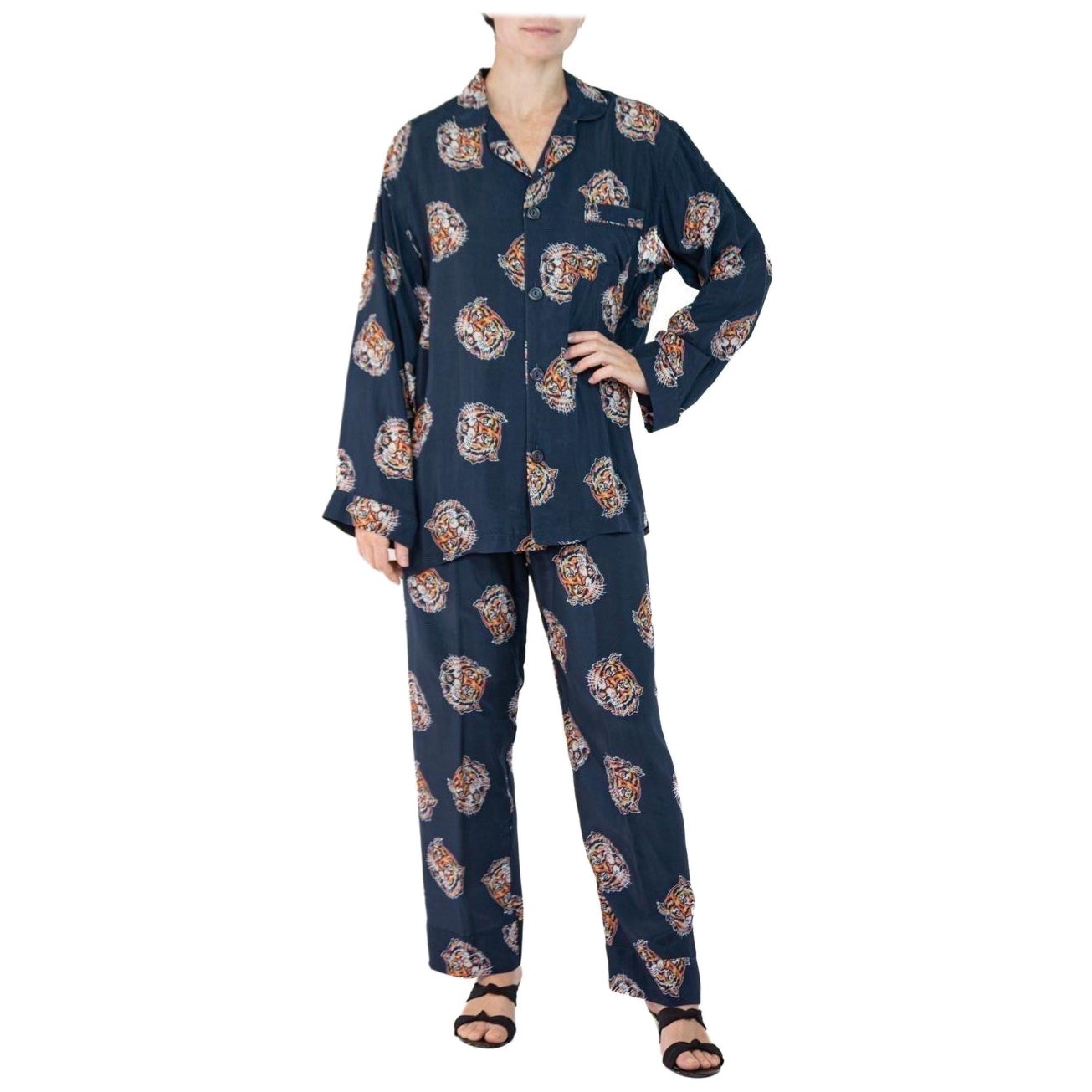 Morphew Collection Indigo Blue Tiger Head Print Cold Rayon Bias Pajamas For Sale
