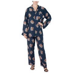 Morphew Collection Indigo Blue Tiger Head Print Cold Rayon Bias Pajamas