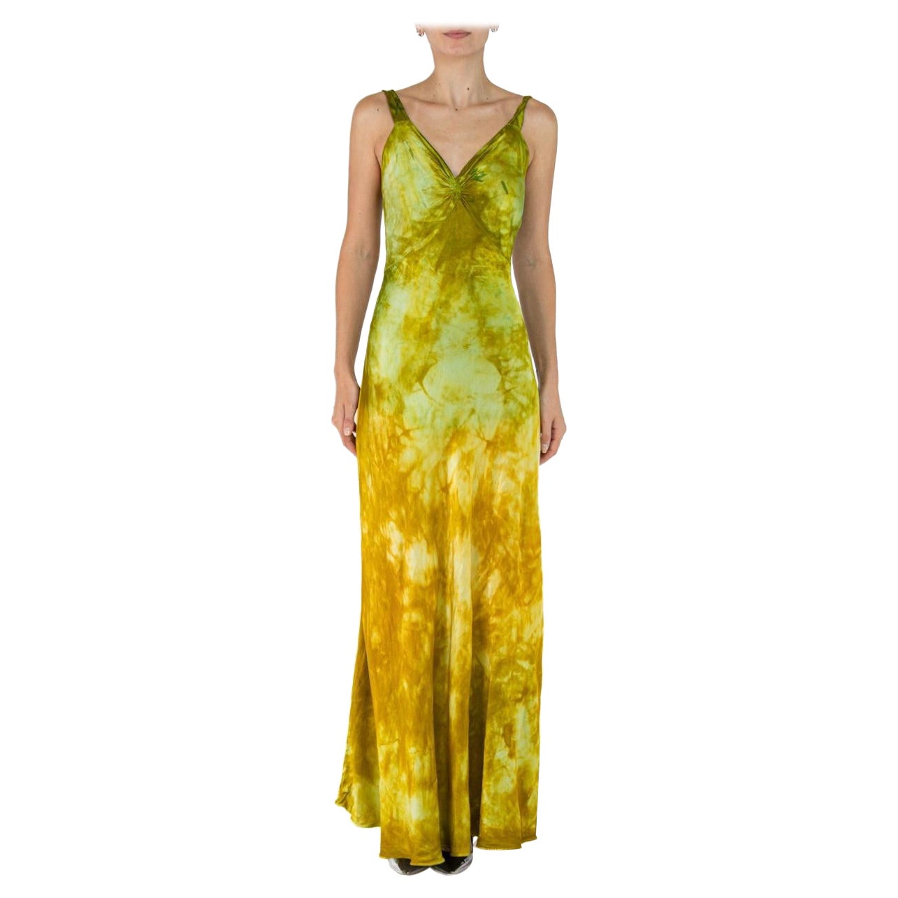 1930S Grün & Gelb Seide Rayon Krawatte gefärbt Kleid im Angebot