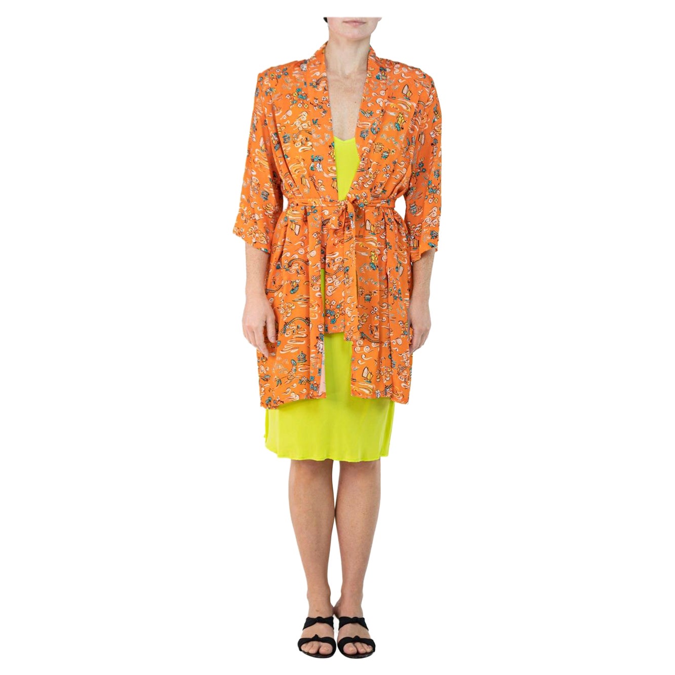 Morphew Collection Orange & Yellow Cherry Blossom Novelty Print Cold Rayon Bias For Sale