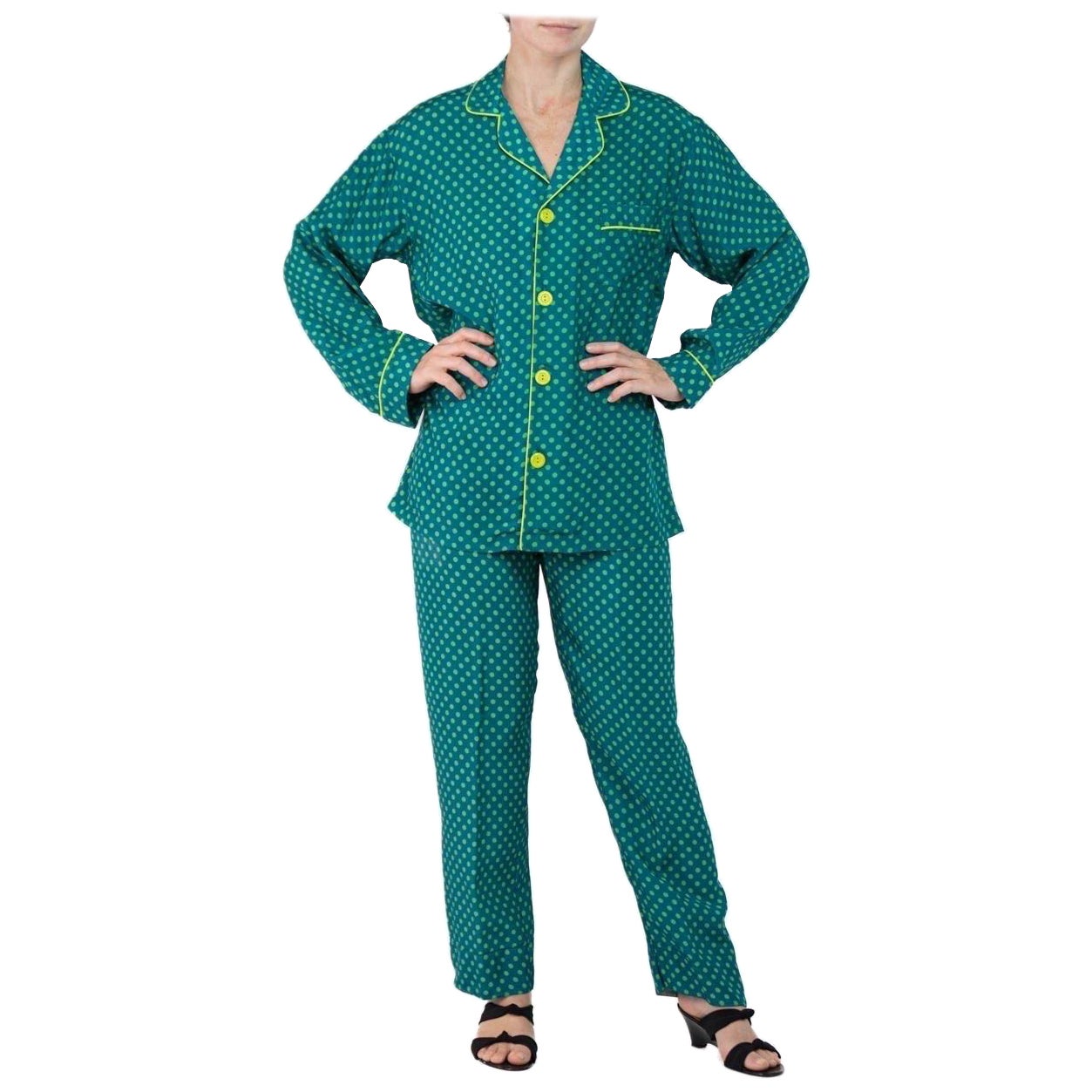 Morphew Collection Sea Green Polka Dot Print Cold Rayon Bias Draw String Pajamas For Sale