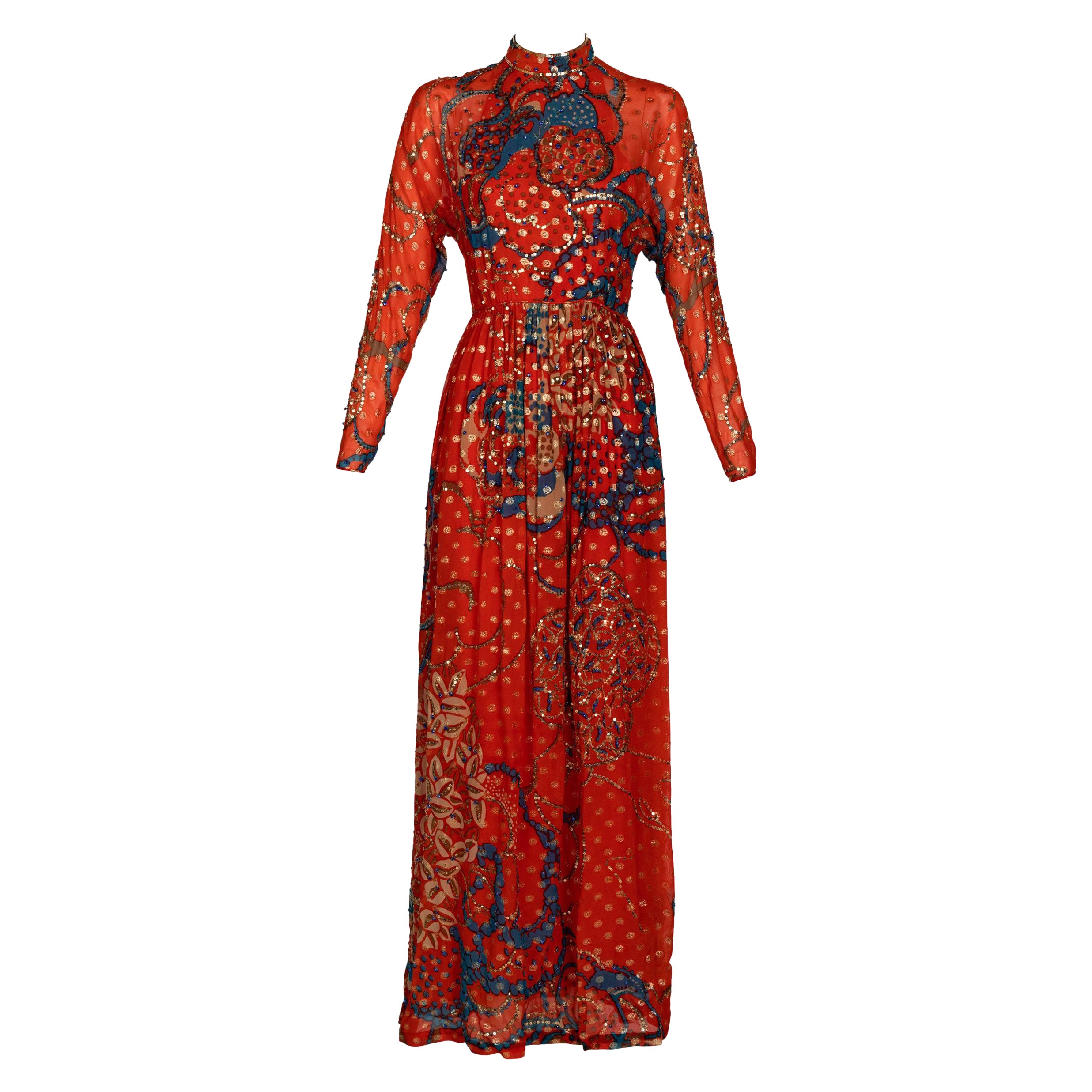 Malcolm Starr Rizkallah Sequined Gold Beaded Red Maxi Dress 1970s For Sale