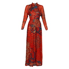 Malcolm Starr Rizkallah Sequined Gold Beaded Red Maxi Dress 1970s