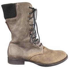Neil Barrett Men's Taupe Distressed Leather Lace Up Zip Calf Boots, Size 11