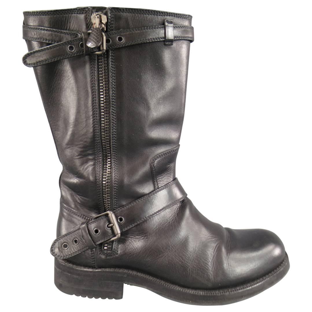 Men's BOTTEGA VENETA Size 9 Black Leather Belted Biker Zip Calf Boots