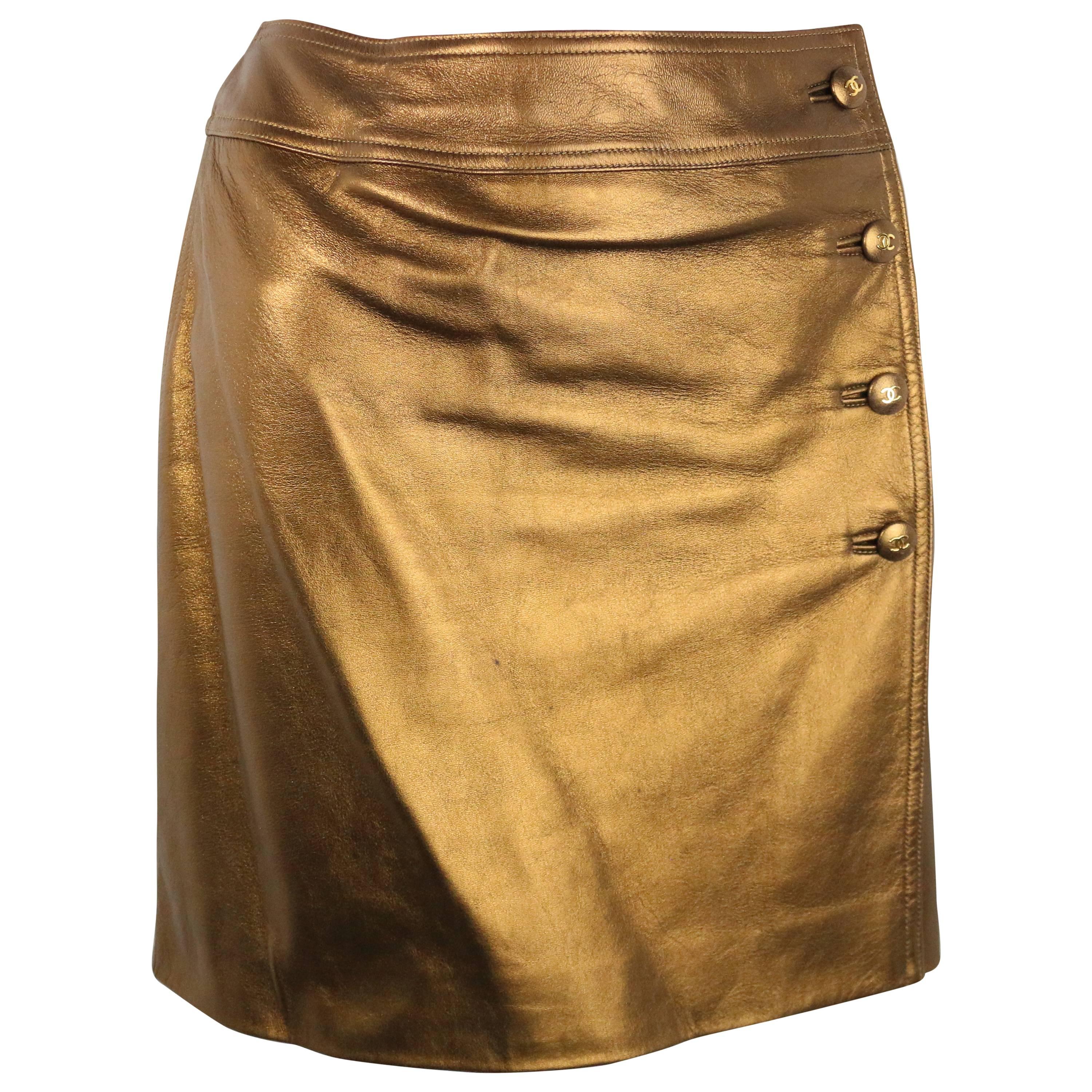 Chanel Bronze Metallic Lambskin Leather Wrap Skirt  For Sale