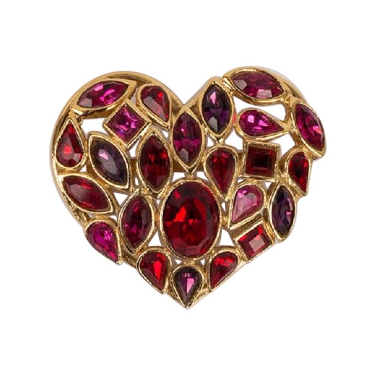 Yves Saint Laurent "Heart" Gold Metal Pendant Brooch with Red Rhinestones For Sale