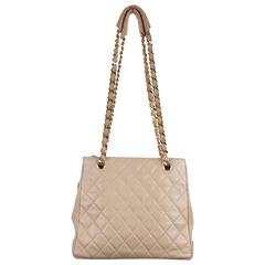 CHANEL Vintage Beige QUILTED Leather TOTE Shoulder Bag w/ Chain Strap ...
