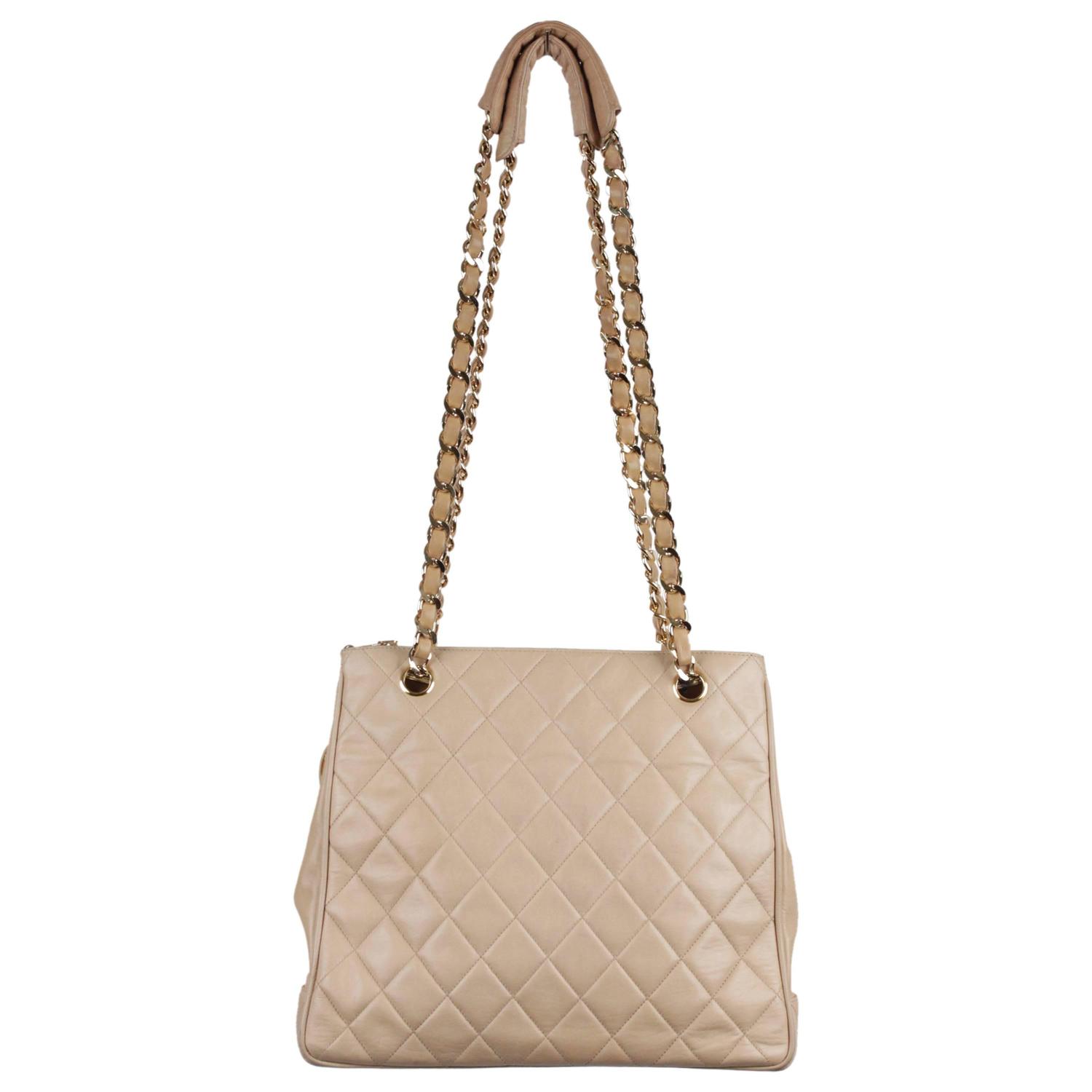 CHANEL Vintage Beige QUILTED Leather TOTE Shoulder Bag w/ Chain Strap For Sale at 1stdibs