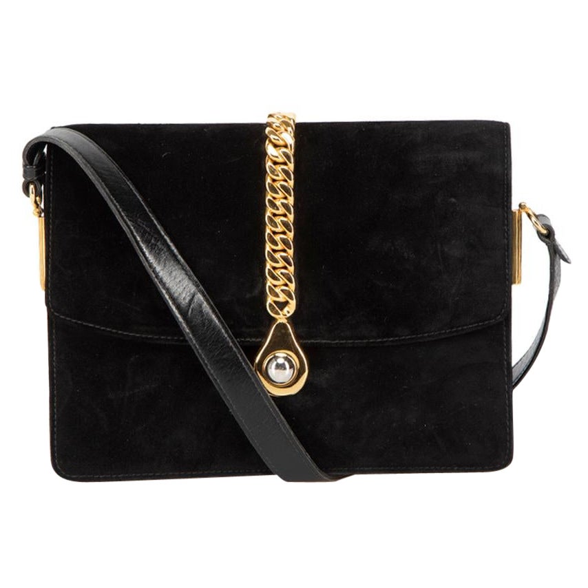 Gucci Women's Vintage Black Suede Chain Accent Flap Shoulder Bag