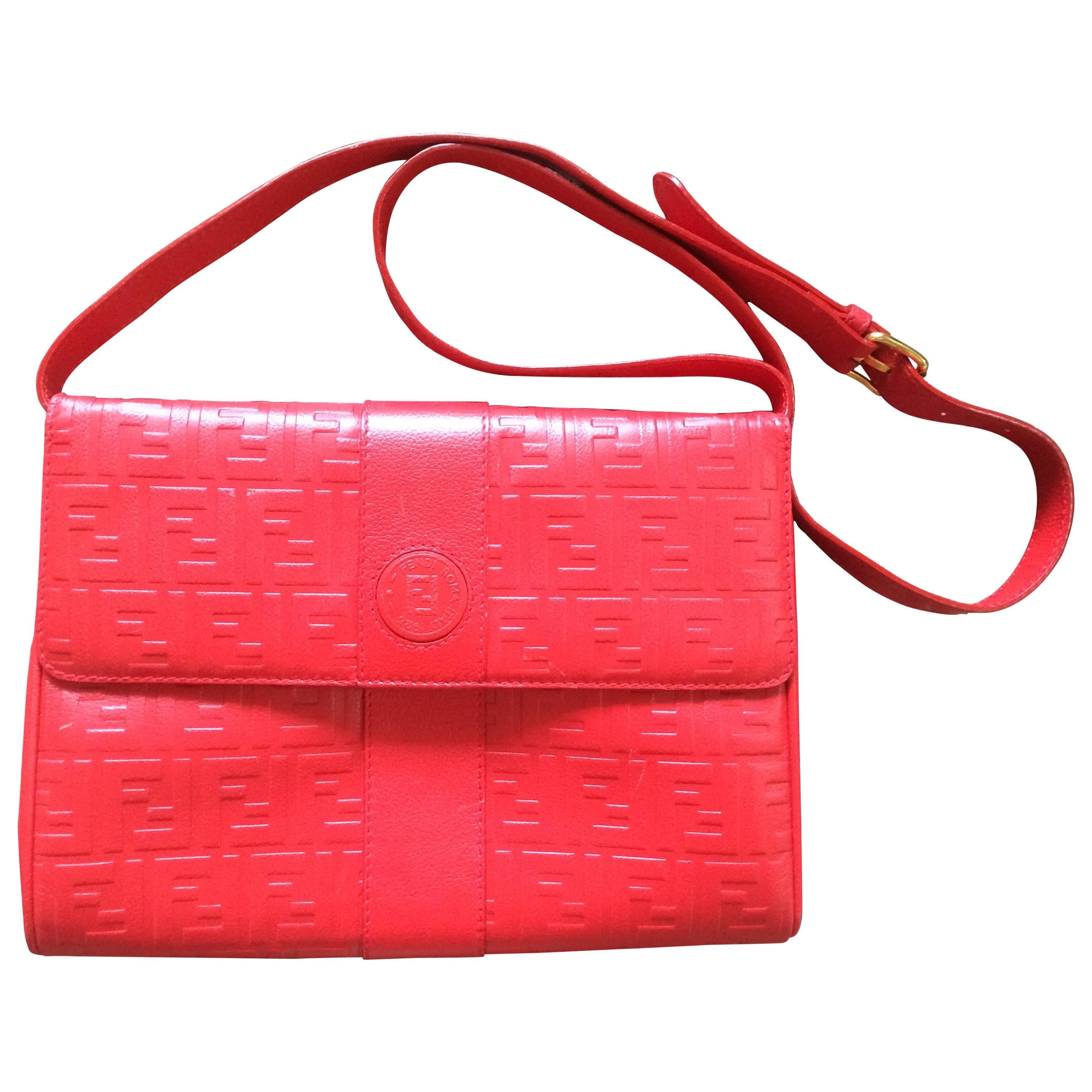 MINT. Vintage FENDI red genuine leather shoulder bag with FF embossed logo. For Sale