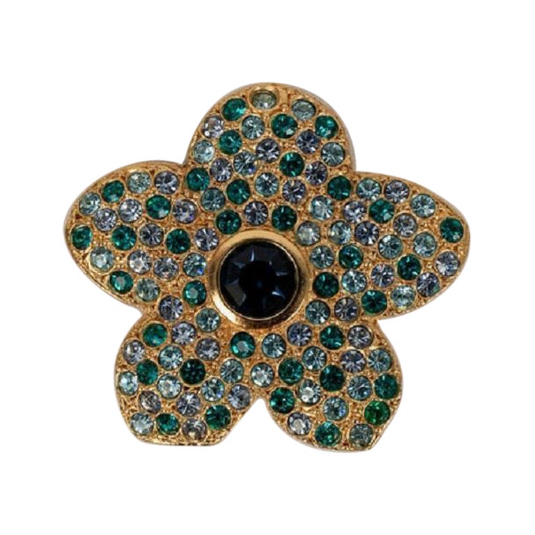Yves Saint Laurent Flower Brooch in Golden Metal and Rhinestone For Sale