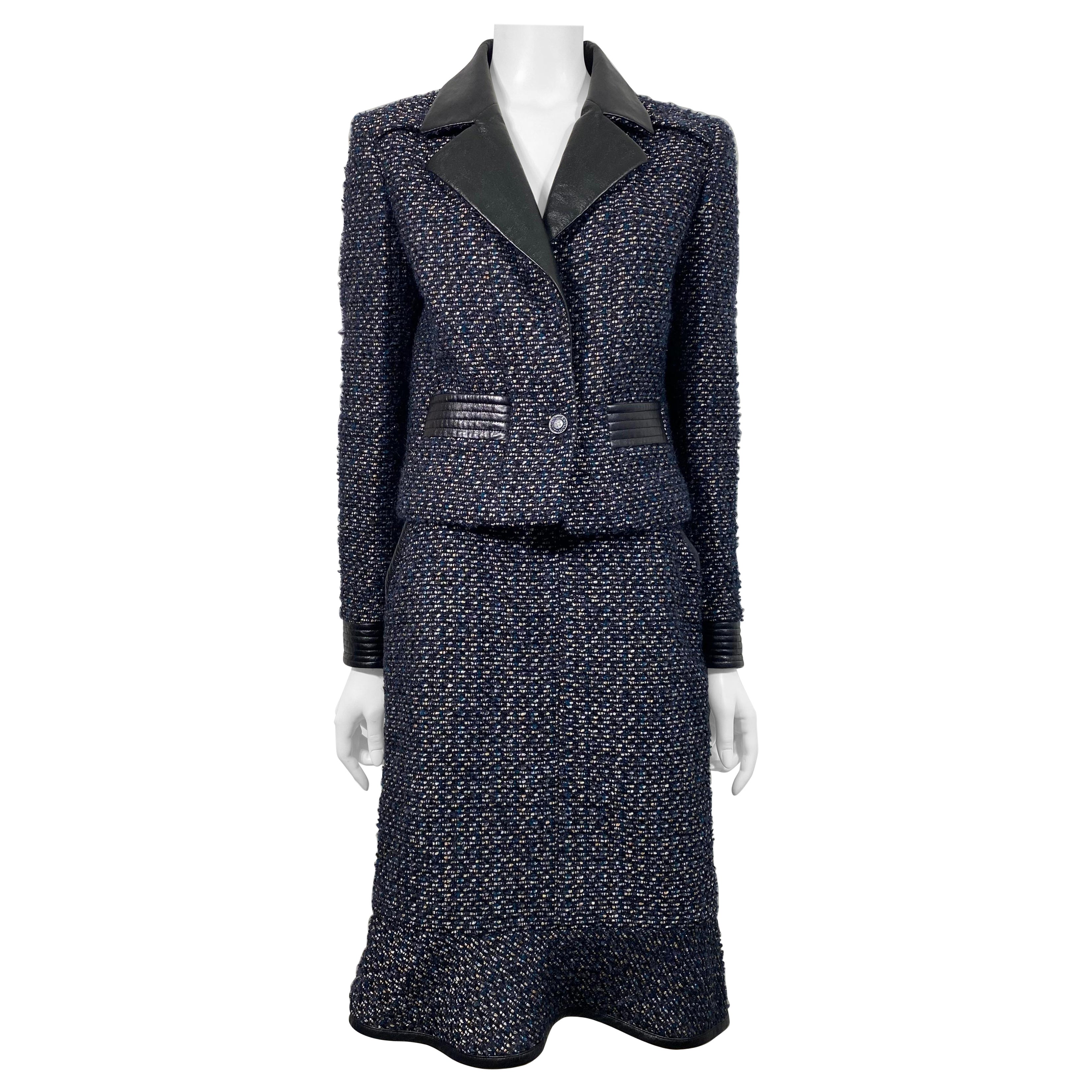 Chanel Runway Fall 2002 Navy Tweed and Black Leather Skirt Suit - Size 40  For Sale