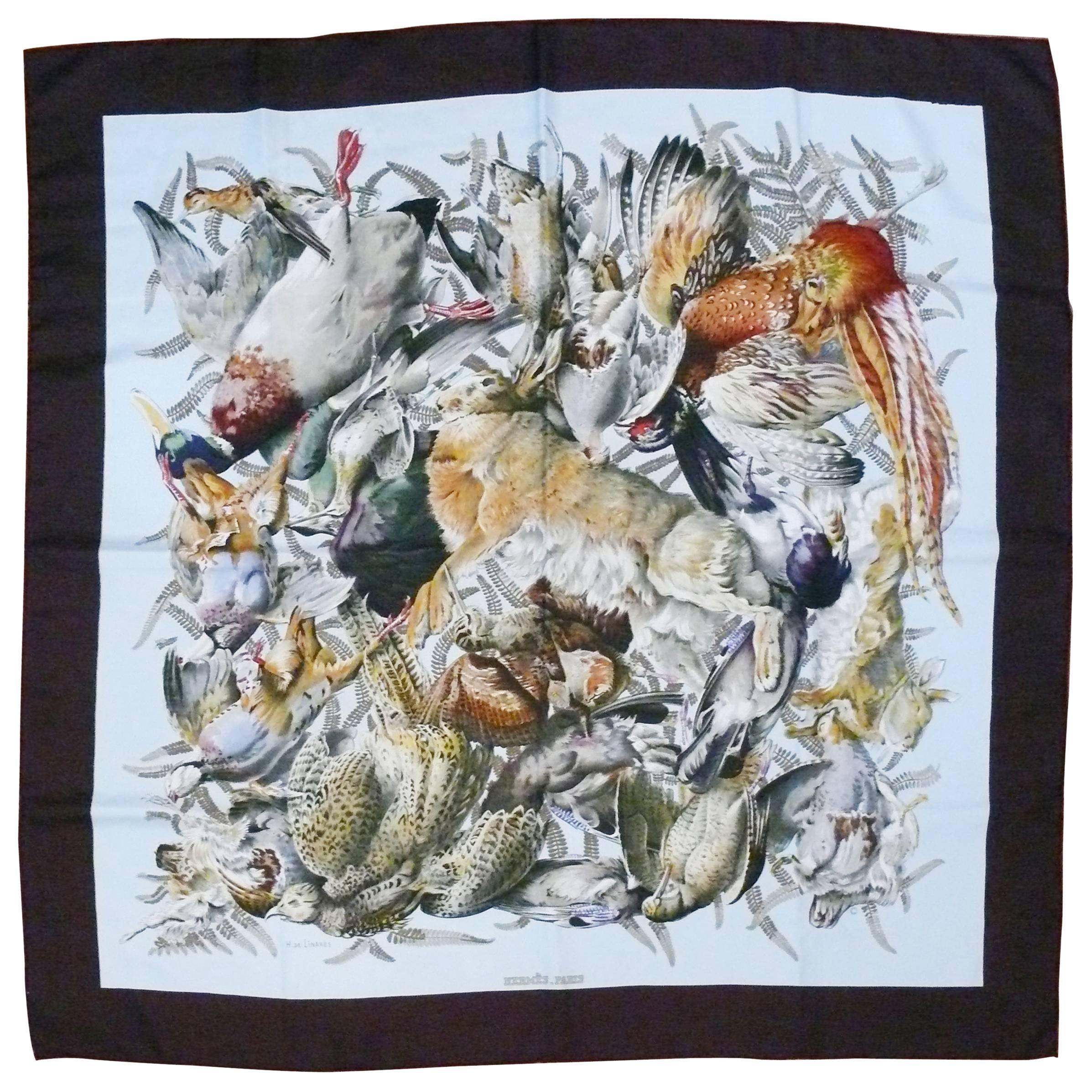 Hermes Vintage Gibiers Silk Twill Carré Scarf by Henri de Linares