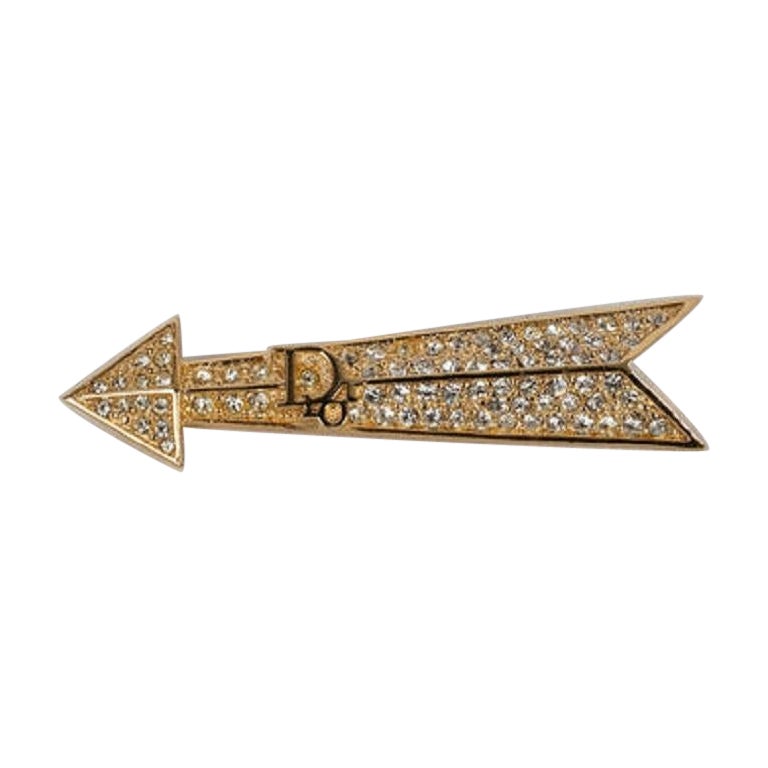 Christian Dior Golden Metal Brooch Paved with Rhinestones For Sale