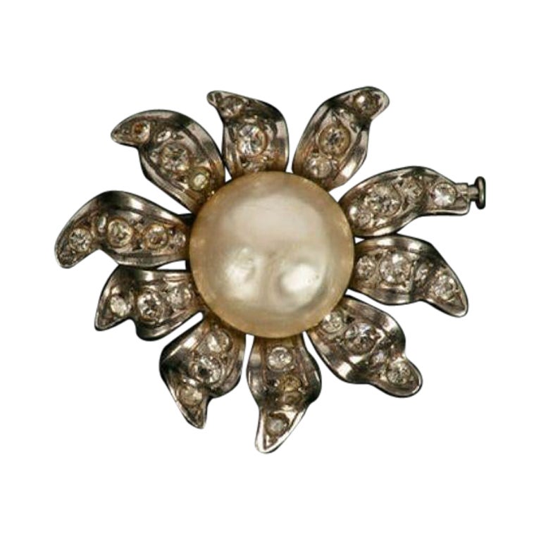Chanel Silvered Metal Flower Brooch Paved with Rhinestones For Sale