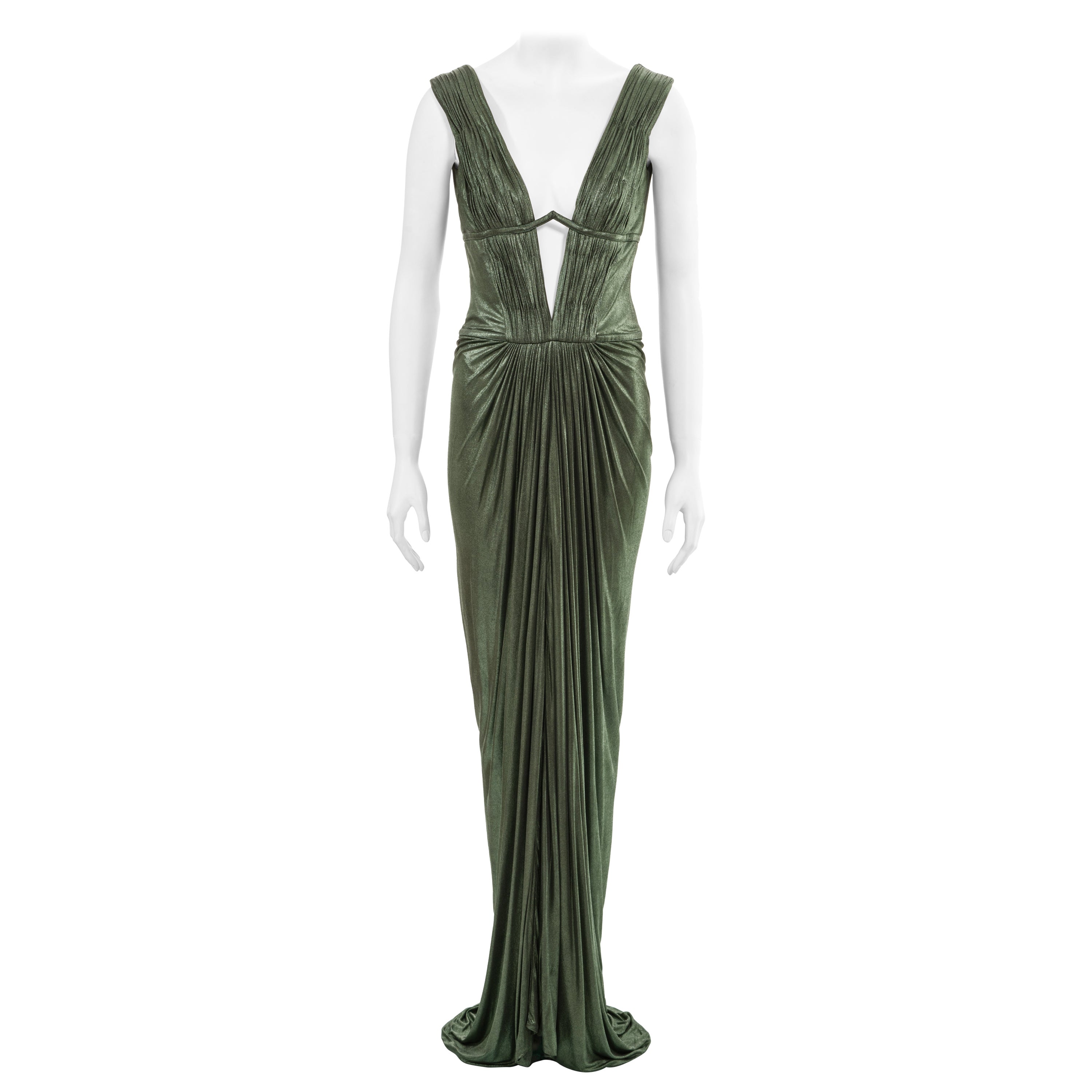 Roberto Cavalli pleated metallic green cupro 'Cleopatra' evening dress ...