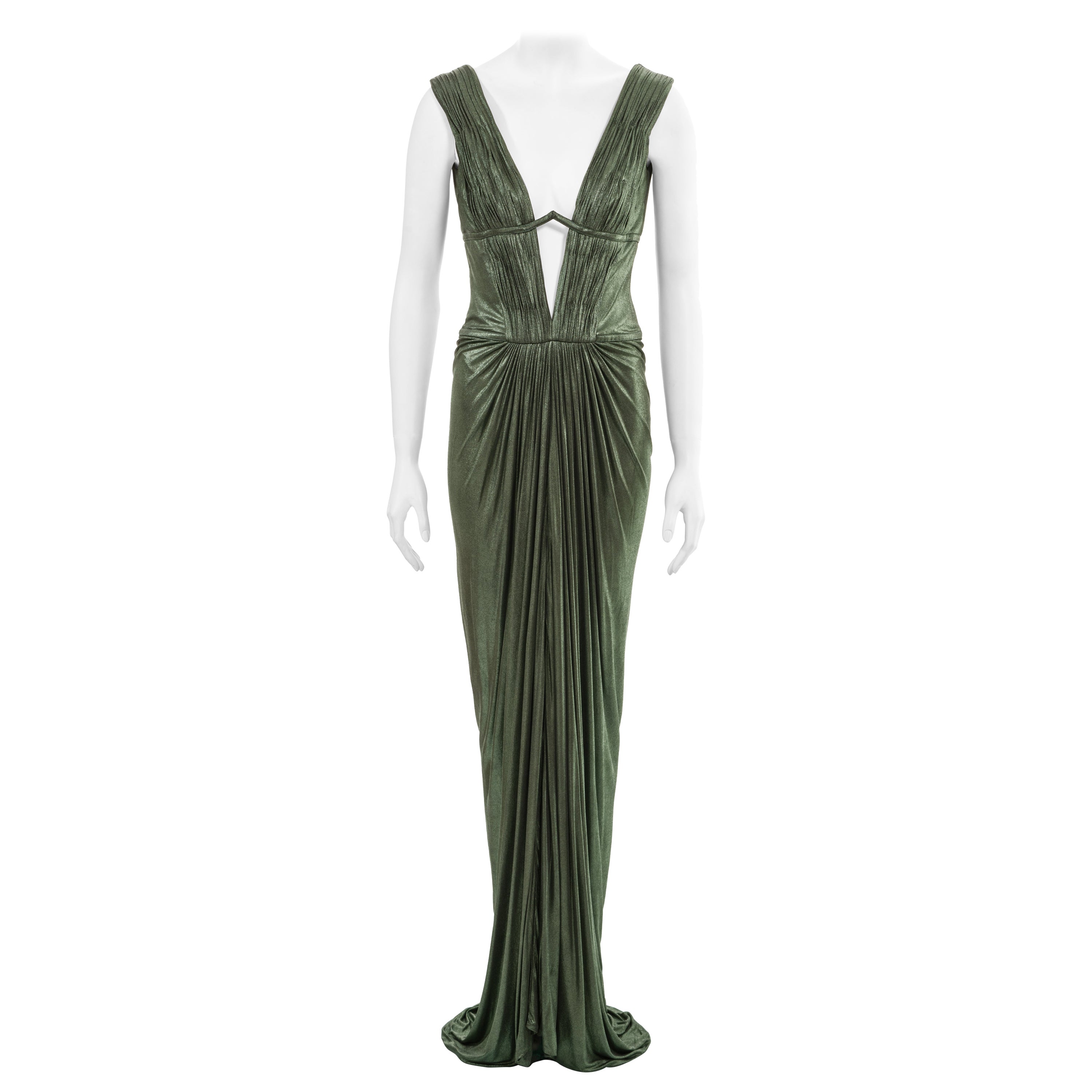 Vestido de noche Roberto Cavalli 'Cleopatra' de cupro verde metalizado plisado, fw 2007 en venta