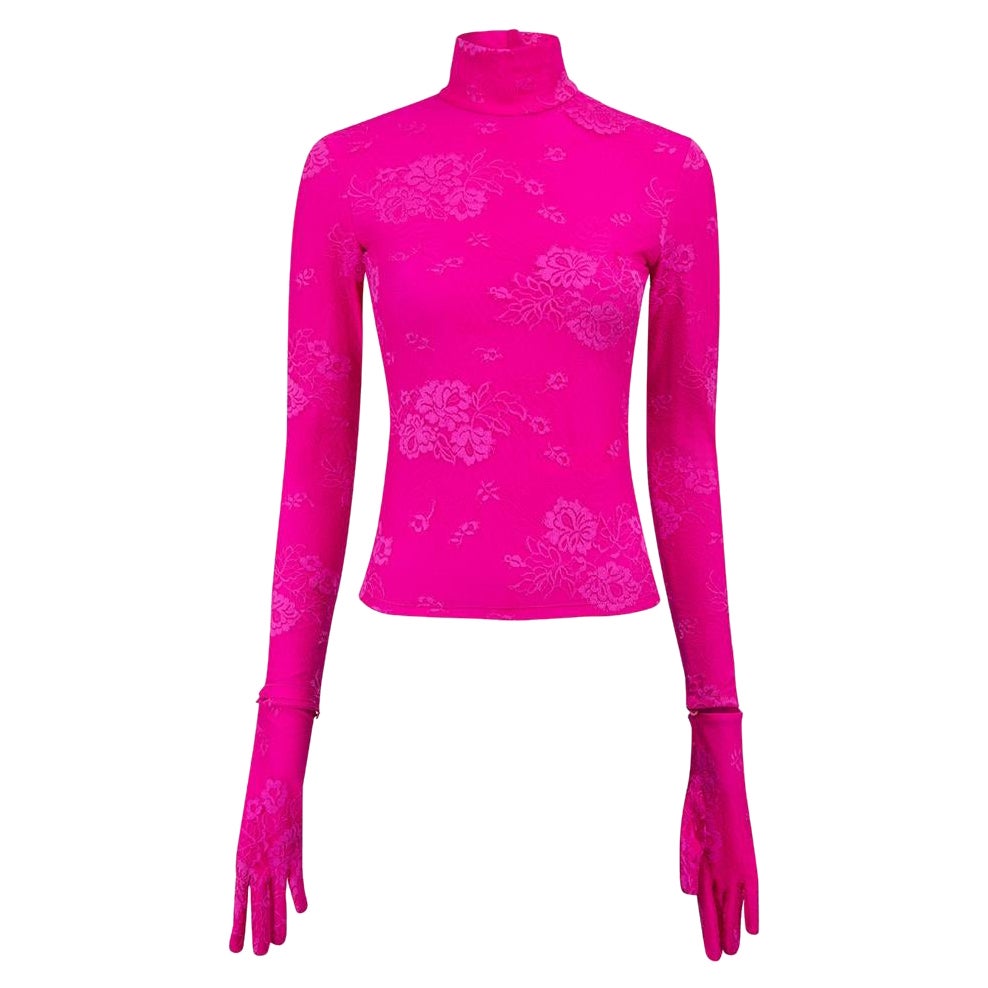 Balenciaga Hot Pink Lace Removable Gloves Mock Neck Top Size S For Sale