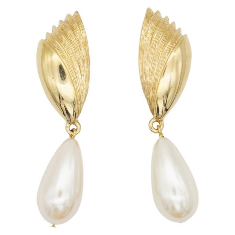 Givenchy Vintage Fan Pearl Crystal Tear Water Drop Elegant Gold Clip Earrings For Sale