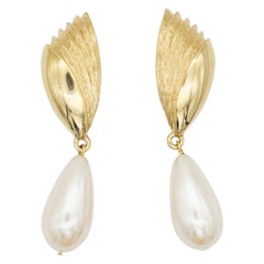 Givenchy Vintage Fan Pearl Crystal Tear Water Drop Elegant Gold Clip Earrings