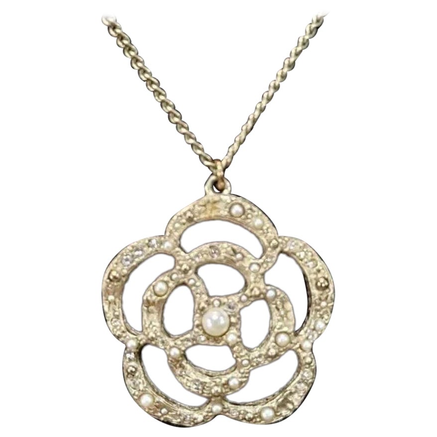 Chanel Gold Metal and Faux Pearl Camellia Pendant Necklace 